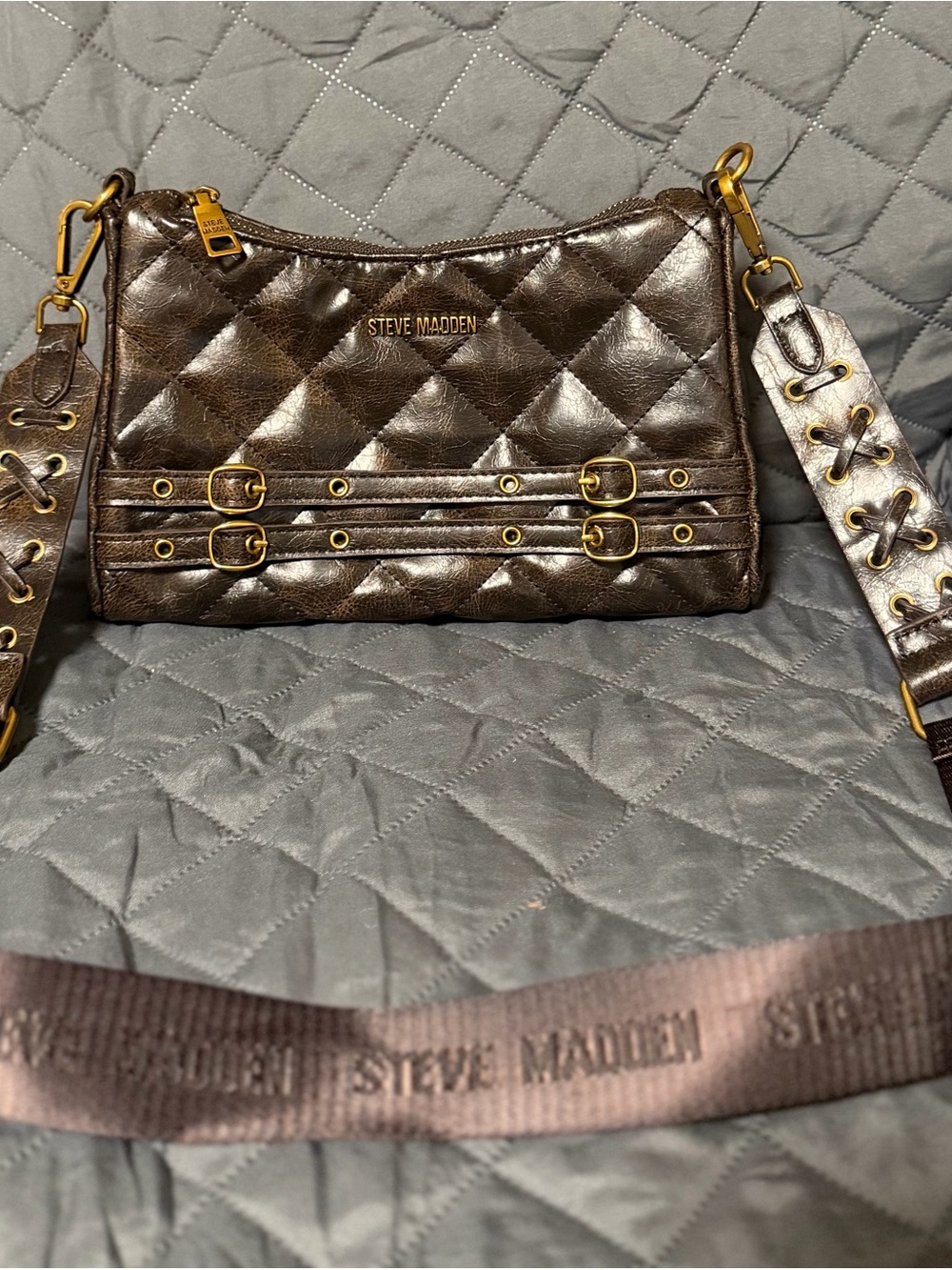 Steve Madden Metallic Brown Quilted Crossbody with Gold Buckles